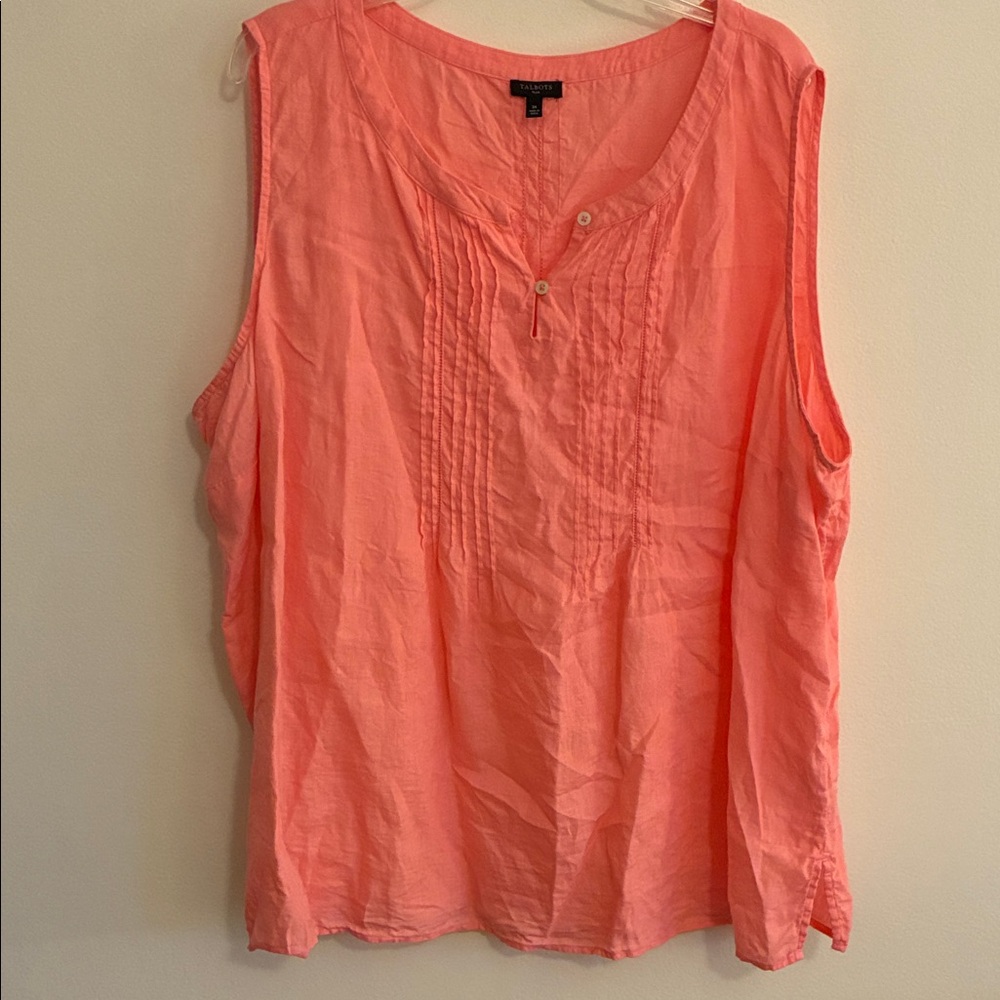 Talbots Sleeveless Pintuck Linen Blouse in Coral-Pink, size 3X